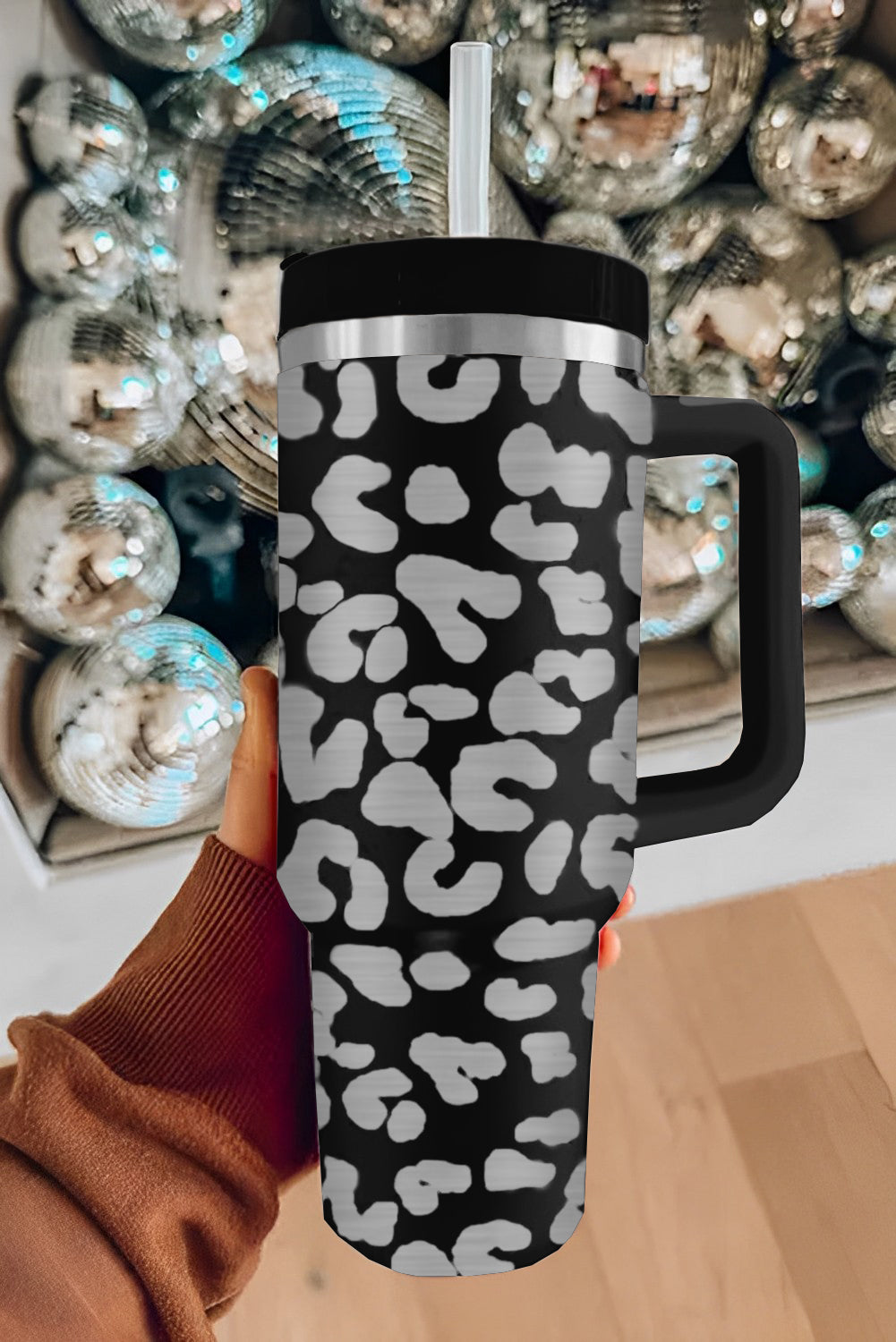 Black Leopard Print 40OZ Stainless Steel Portable Cup with Handle