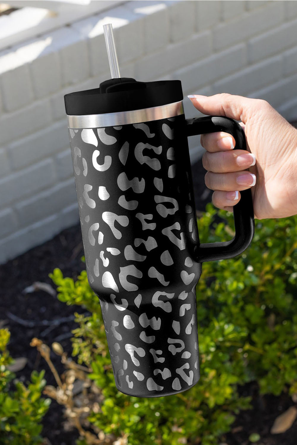 Black Leopard Print 40OZ Stainless Steel Portable Cup with Handle