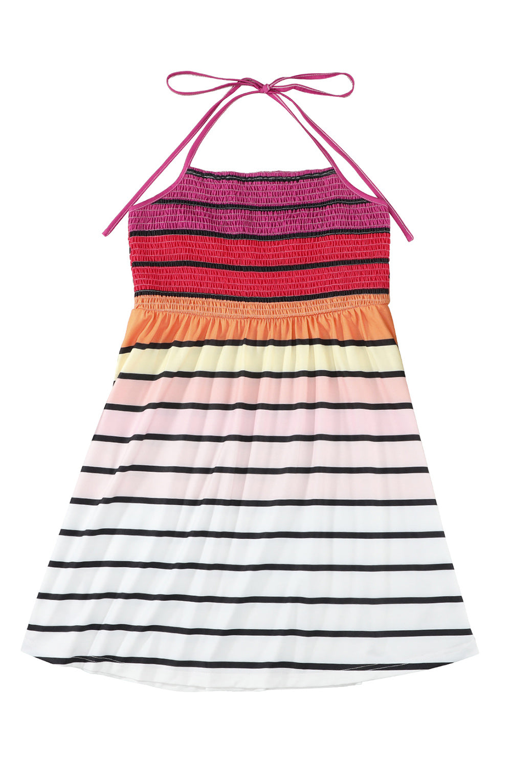 Striped Print Smocked Halter Open Back Fit Flare Dress