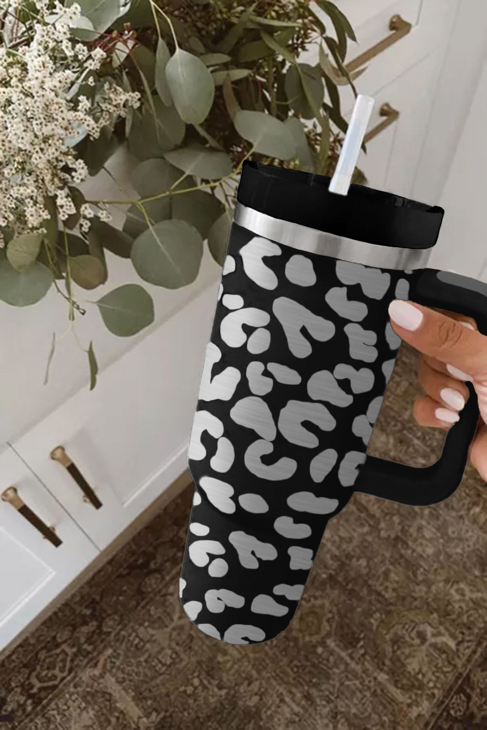 Black Leopard Print 40OZ Stainless Steel Portable Cup with Handle