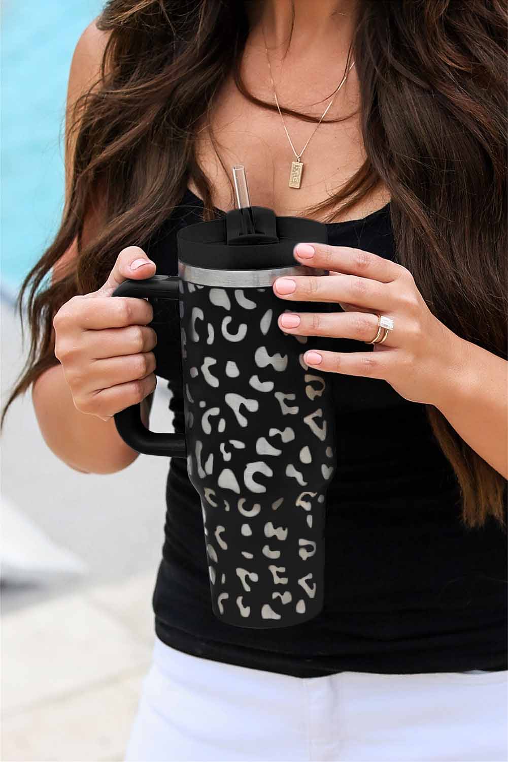Black Leopard Print 40OZ Stainless Steel Portable Cup with Handle