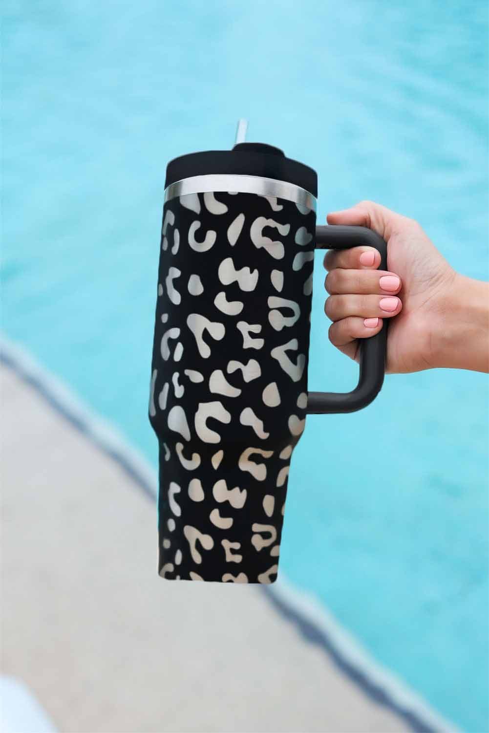 Black Leopard Print 40OZ Stainless Steel Portable Cup with Handle