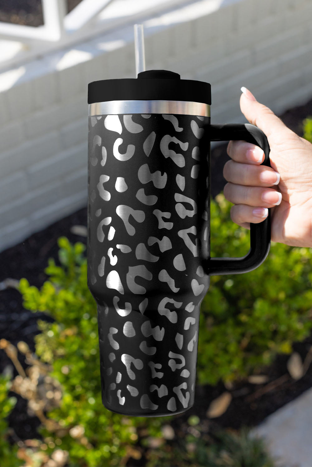 Black Leopard Print 40OZ Stainless Steel Portable Cup with Handle