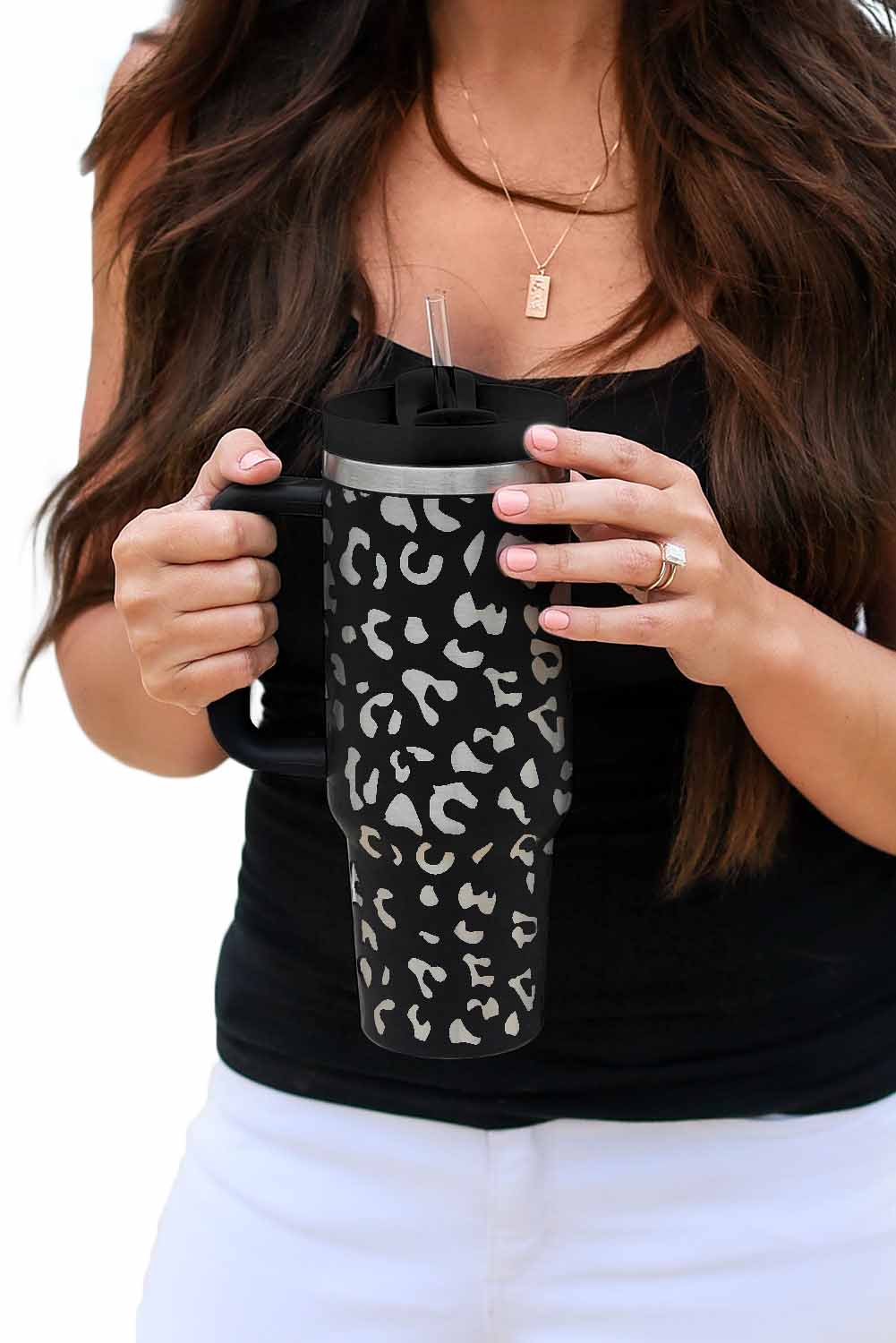 Black Leopard Print 40OZ Stainless Steel Portable Cup with Handle