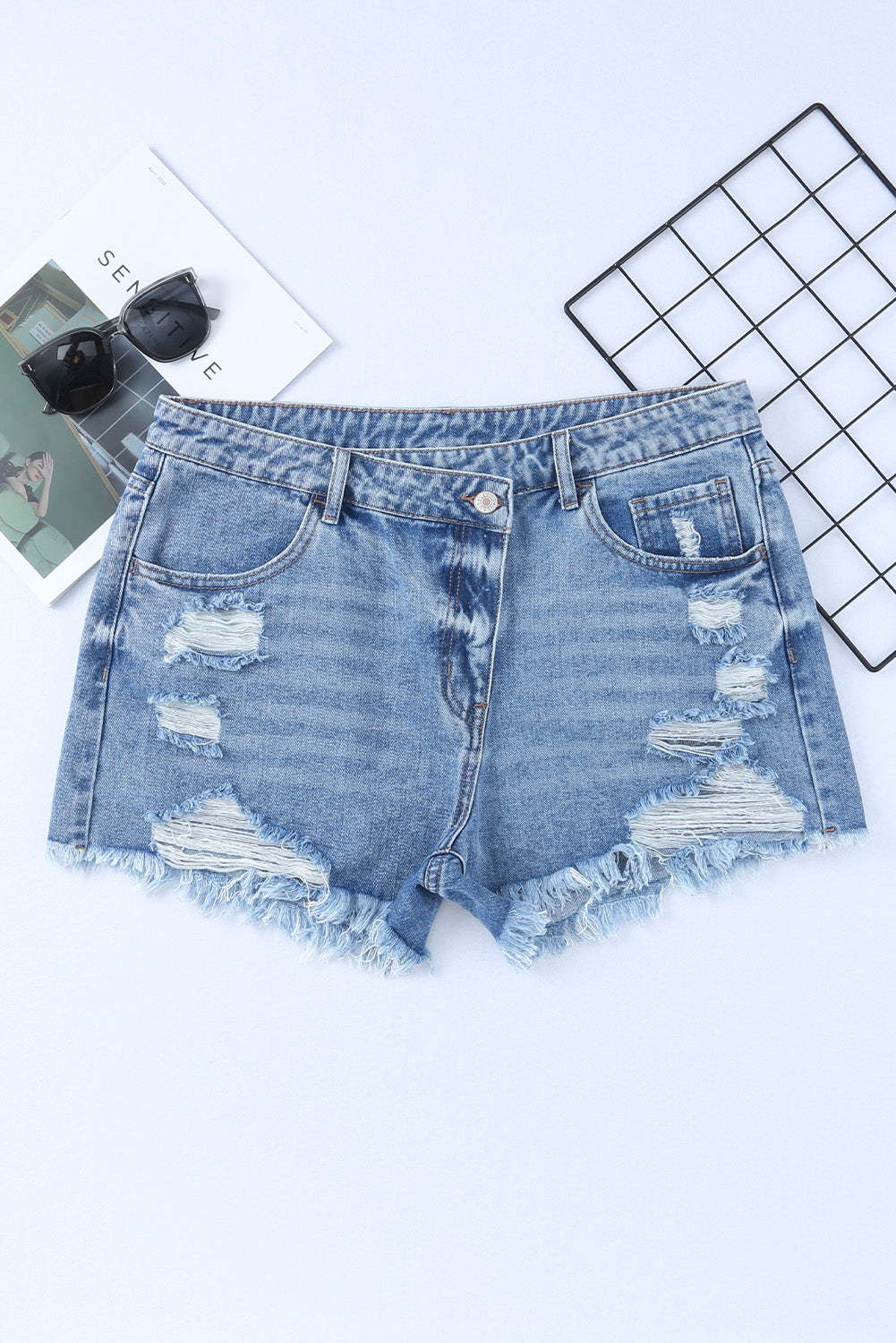 Black High Rise Crossover Waist Denim Shorts