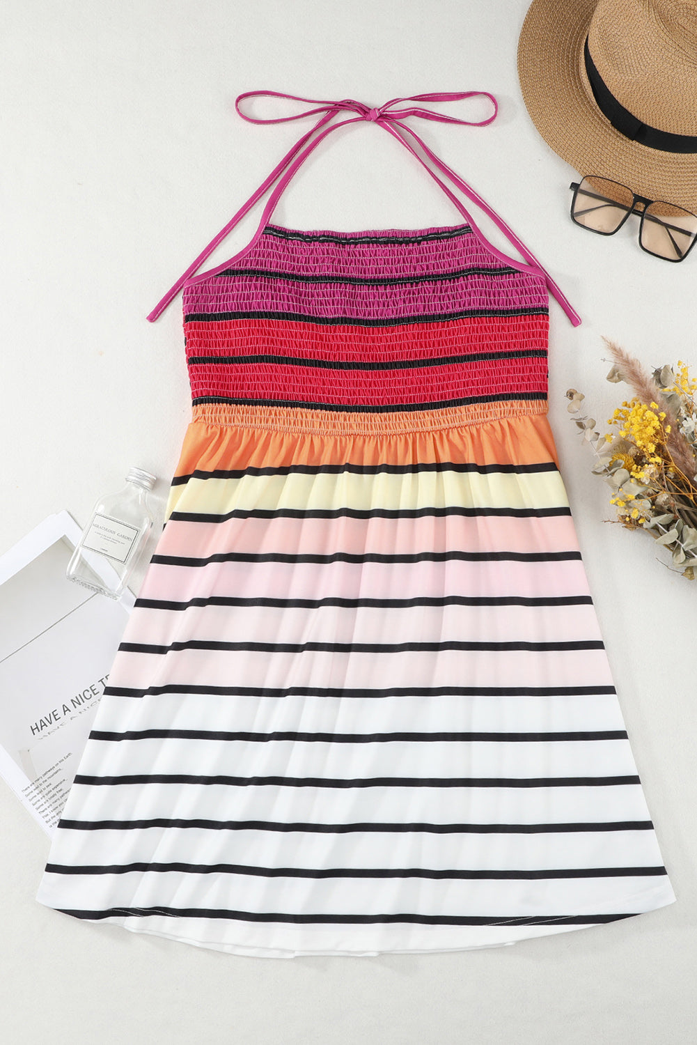 Striped Print Smocked Halter Open Back Fit Flare Dress