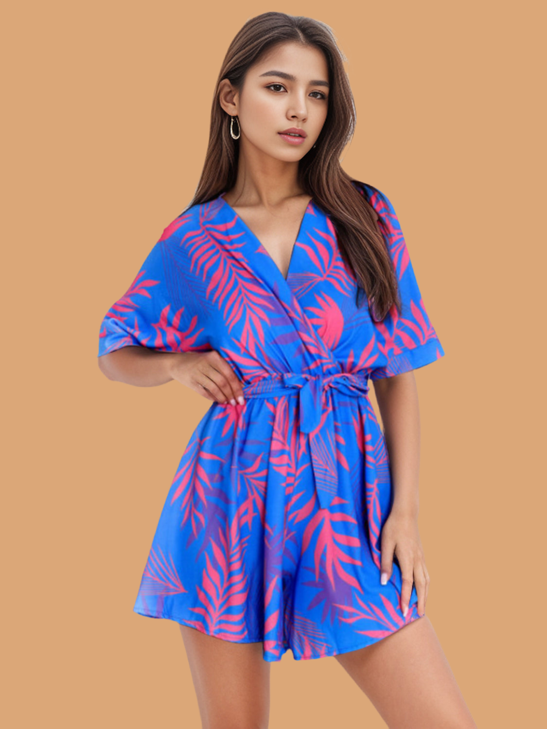 Printed Surplice Half Sleeve Romper